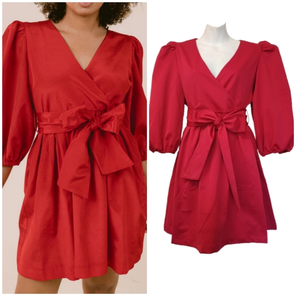 NWT$298 Laroque Dress Red Mini Party Dress Puff Sleeves